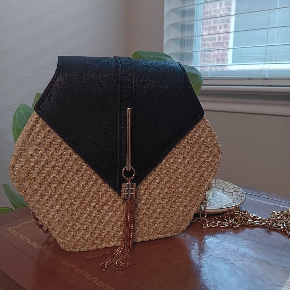 Rattan and Faux Leather Bag with Tassel Front Closure, EUC